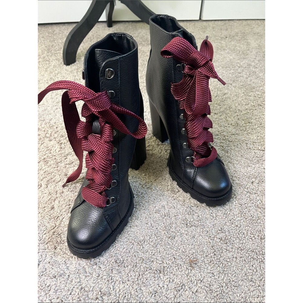 Schutz Zara Black High Block Heel Lace-Up Leather Boots 10B EUC Burgundy Laces